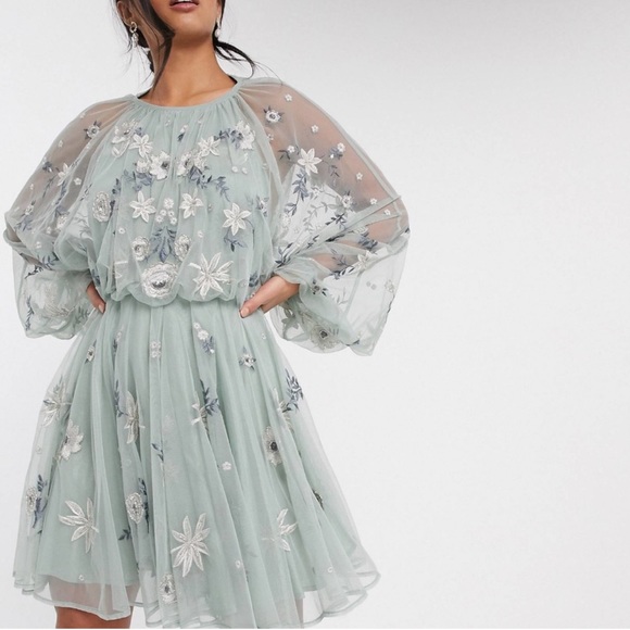 ASOS EDITION Petite Floral Beaded Mesh Dress Size: 4 - Picture 3 of 17